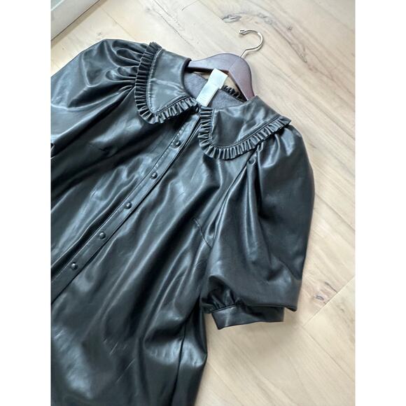 Y2K Pleather Gothic black Dress Size Small Collar Puff  sleeves Babydoll Vegan - Picture 5 of 13